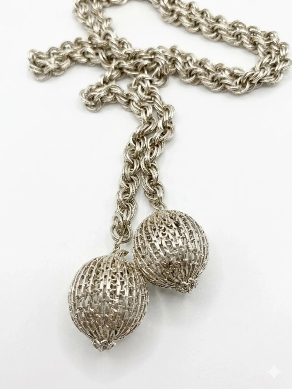 Silver Rope Chain Necklace with Knotted Sphere Pendants - Women Jewelry - Picture 2 of 2